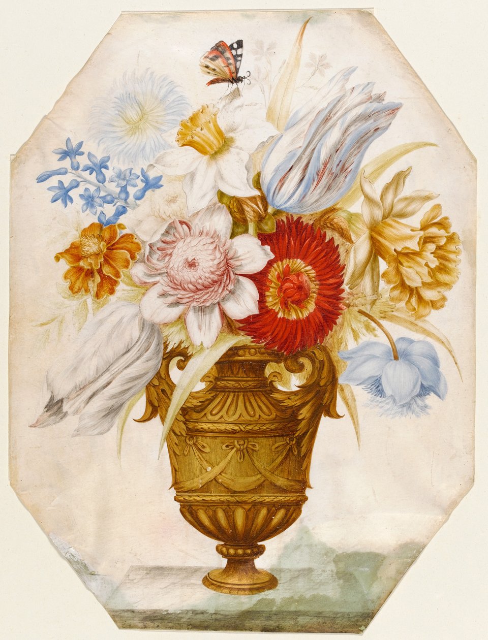 Stilleben av blomster i en vase som står på en avsats med en sommerfugl hvilende på narcissi (wc und gouache på vellum) av Nicolas Robert