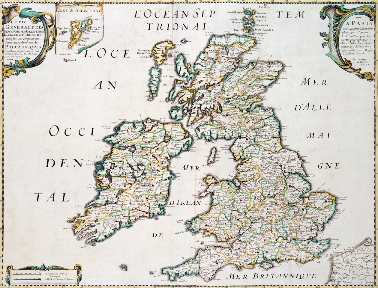 Kart over Storbritannia og Irland, utgitt Paris 1640 av Nicolas Sanson