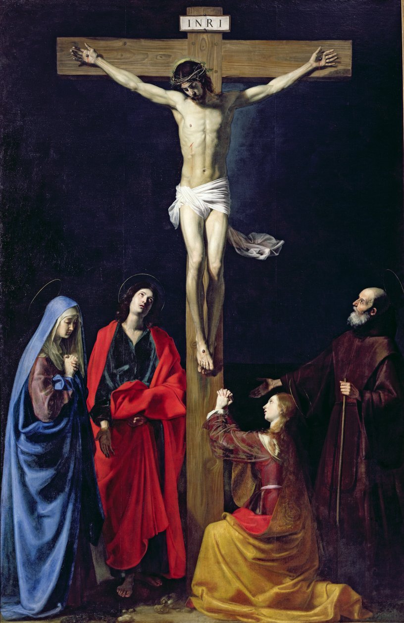 Kristus på korset med jomfruen, Maria Magdalena, St. Johannes og St. Frans av Paola av Nicolas Tournier