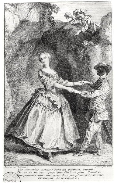 Harlekin og Colombine i en komedie av Louis de Boissy (1694-1758) gravert av Laurent Cars (1699-1771) av Nicolas after Lancret
