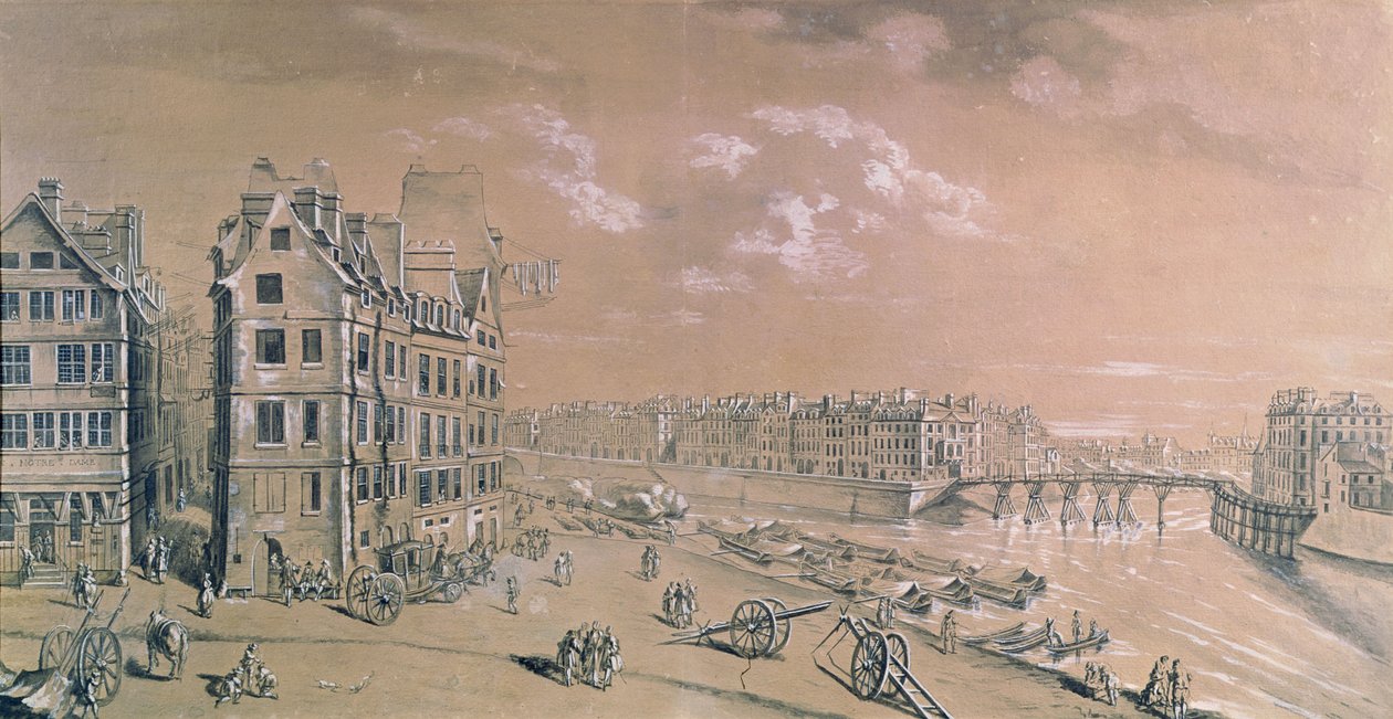 Ile Saint-Louis og korndokkene fra Place de Greve, ca. 1757 (wc og gouache) (se også 86033) av Nicolas Raguenet