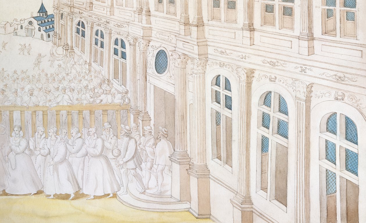 Prosesjon av dronning Louise de Lorraine-Vaudemont (1553-1601) forlater Palais du Louvre for Maison de Charite, 1584 (penn og blekk og wc på papir) av Nicolas attr. to Houel