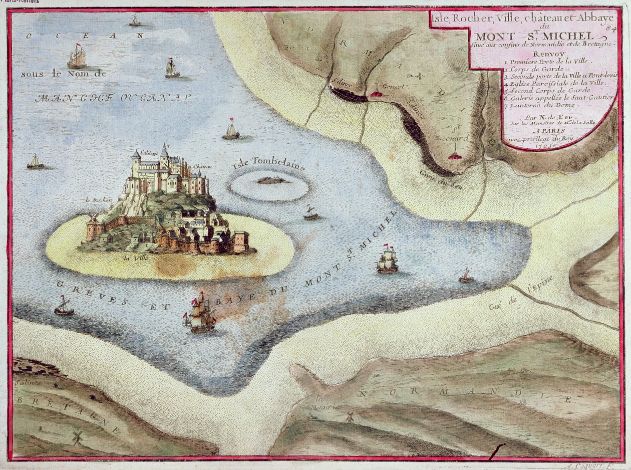 Byen, slottet og klosteret Mont Saint-Michel, 1703 av Nicolas de Fer