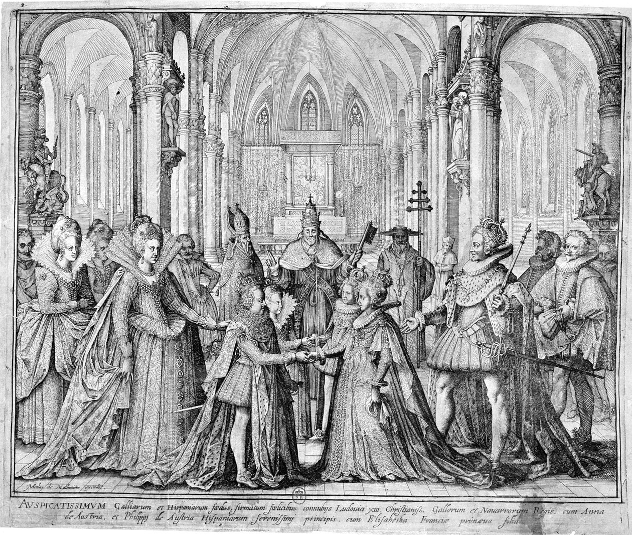 Dobbeltekteskapet i 1615 av Ludvig XIII (1601-43) med Anne av Østerrike (1601-66) og Philip av Østerrike (1605-65) fremtidige Filip IV av Spania til Elizabeth av Frankrike (1602-44) av Nicolas de Mathoniere
