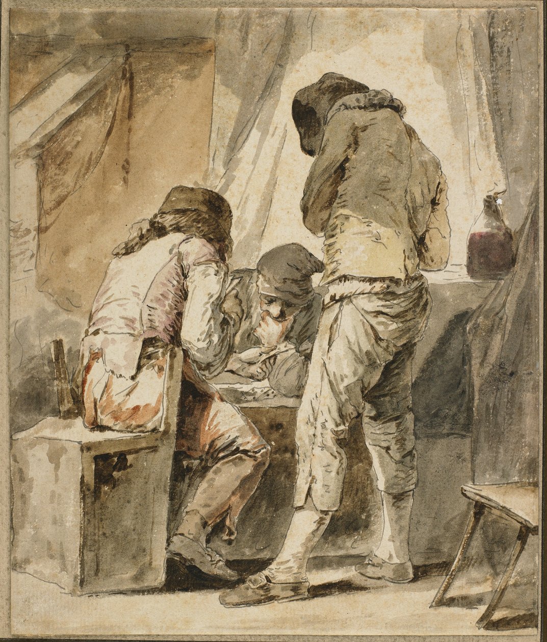 Et vanskelig trekk, ca. 1781 (penn og svart blekk, grå og brun vask, og wc på papir) av Nicolas Bernard Lepicie
