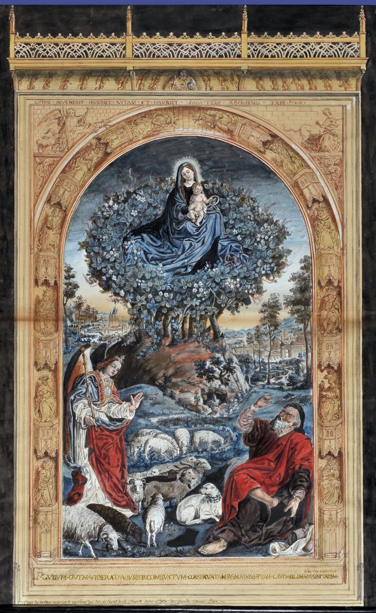 Kopi av Burning Bush. Moses på Sinai-fjellet tar av seg skoene. Rundt ham, en engel, Jomfruen og Kristus og en flokk sauer. Anonym tegning. Mål: 84x54cm. Granet-museet, Aix en Provence. av Nicolas (after) Froment
