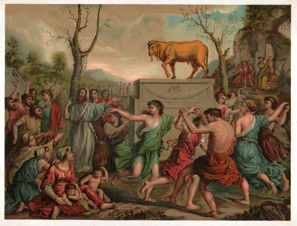 Tilbedelse av gullkalven. (Litografi, rundt 1900) av Nicolas (after) Poussin