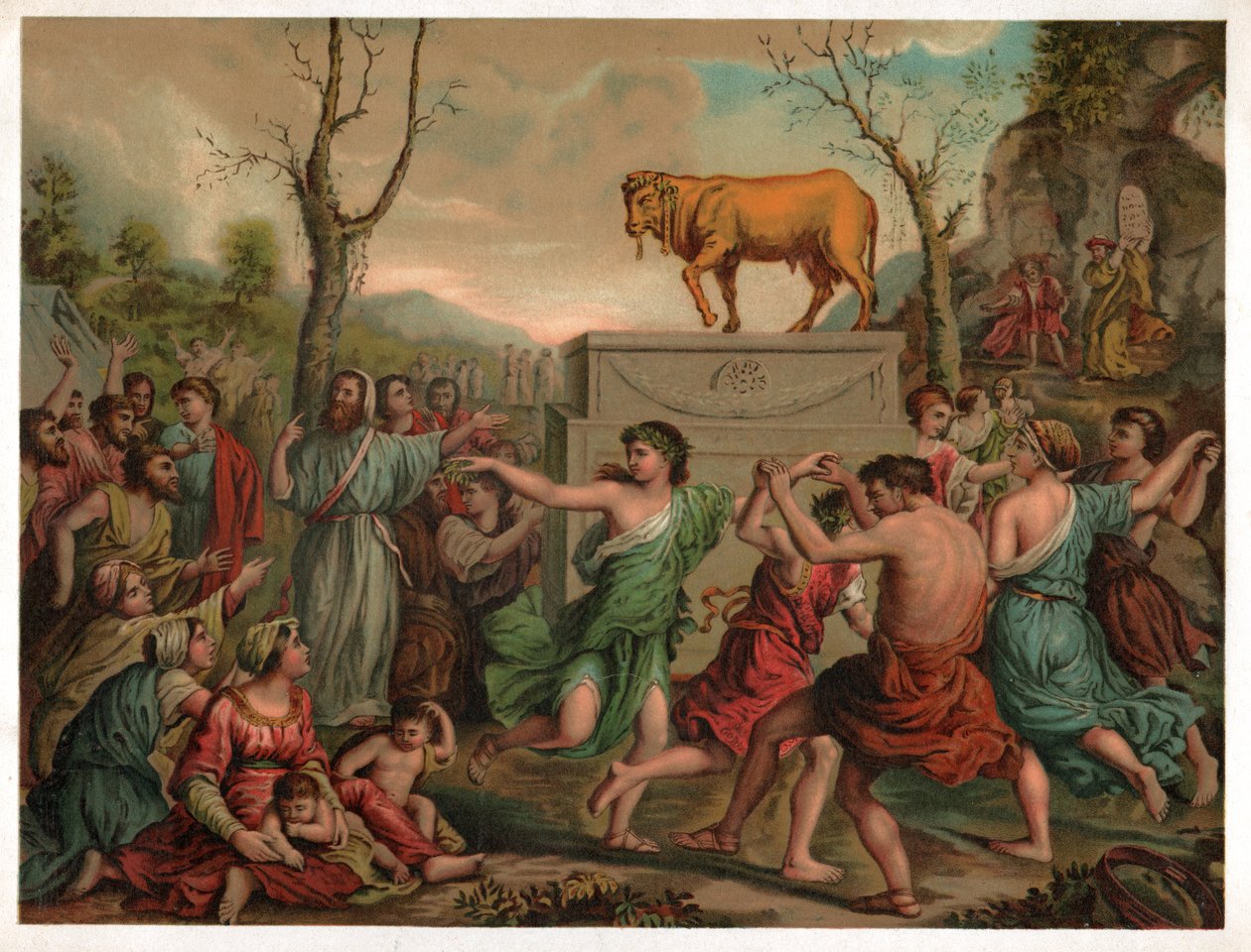 Tilbedelse av gullkalven. rundt 1900 (illustrasjon) av Nicolas (after) Poussin