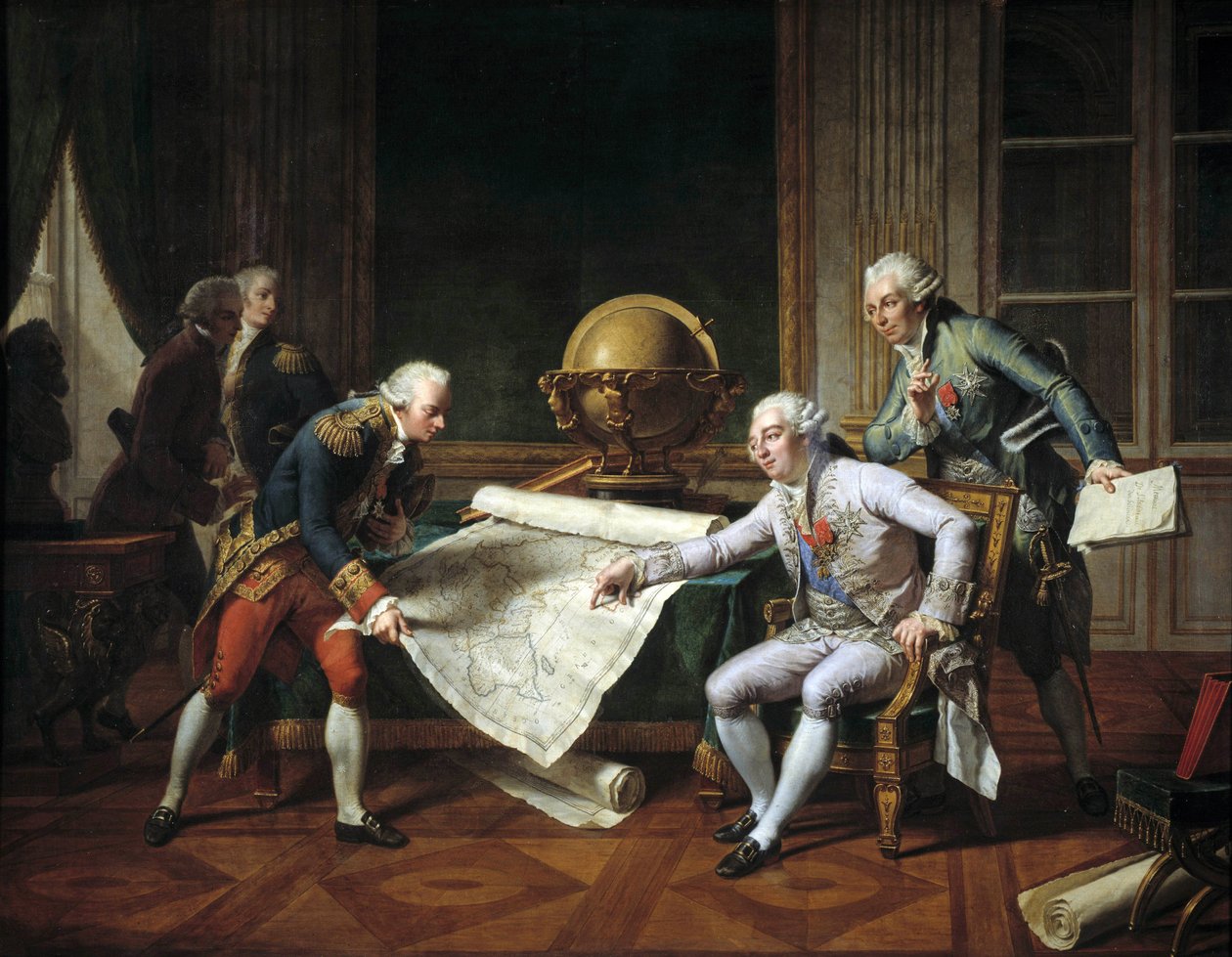 Louis XVI (1754-1793), konge av Frankrike, ga instruksjoner til Jean-Francois Galaup, greve av La Perouse (Jean Francois Laperouse av Nicolas Andre Monsiau