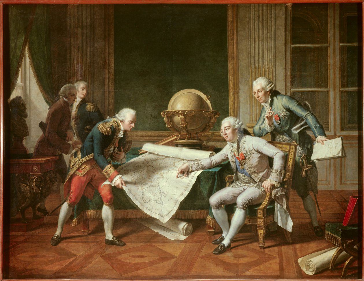 Kongen av Frankrike Louis XVI (1754-1793) ga instruksjoner til kaptein Jean-Francois Galaup, jarl av La Perouse (Jean Francois Laperouse av Nicolas Andre Monsiau