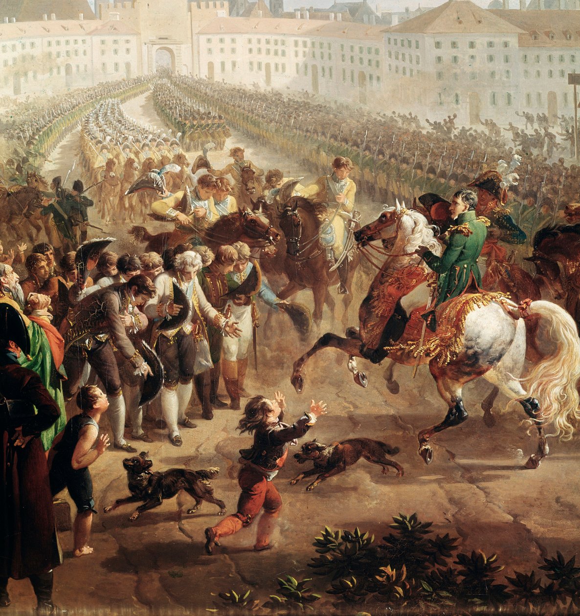 Den franske hæren, kommandert av Napoleon Bonaparte, gikk inn i München 24. oktober 1805. (Detaljmaleri av Nicolas Antoine Taunay