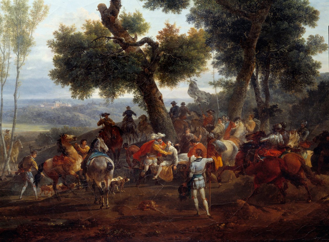 Religionskrigen: "" Møtet mellom kongen av Frankrike Henri IV (1553-1610) og Sully etter slaget ved Ivry i 1590"" Slaget ved Ivry den 14.03.1590 så seieren til den kongelige hæren mot katolske liga. Maximilian av Bethune, hertug av Sully (1 av Nicolas Antoine Taunay