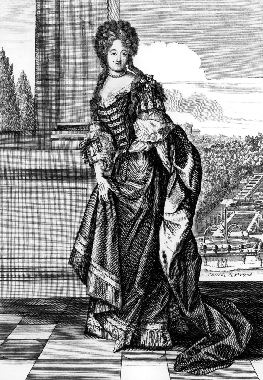 Elisabeth Charlotte av Bayern (1652-1722) med kallenavnet Liselotte, prinsesse av Pfalz, i 1671 ble hun hertuginnen av Orleans, andre kone til hertug PhilippeOfOrleans, gravering av N. Arnoult etter Dieu av Nicolas Arnoult
