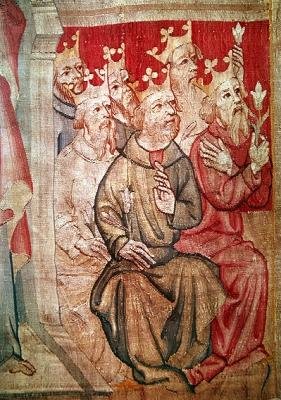 Detalj av Kristus på tronen med de apokalyptiske dyrene og de tjuefire eldste, nr. 4 fra The Apocalypse of Angers, 1373-87 (detalj av 83991) av Nicolas Bataille