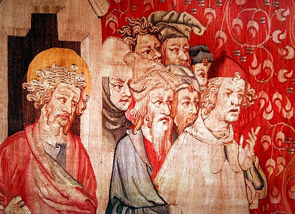 Detalj av menn som lytter til engelen som forutsier deres tortur, fra "The Apocalypse of Angers", 1373-87 av Nicolas Bataille