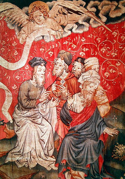 Detalj av engelen som bringer evangeliet til mennene, nr. 49 fra The Apocalypse of Angers, 1373-87 av Nicolas Bataille