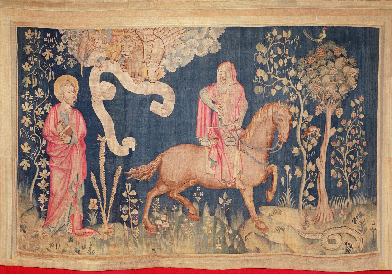 Hungersnød på den svarte hesten, fra Apocalypse Tapestry of Angers, 1373-87 (teppe) av Nicolas Bataille