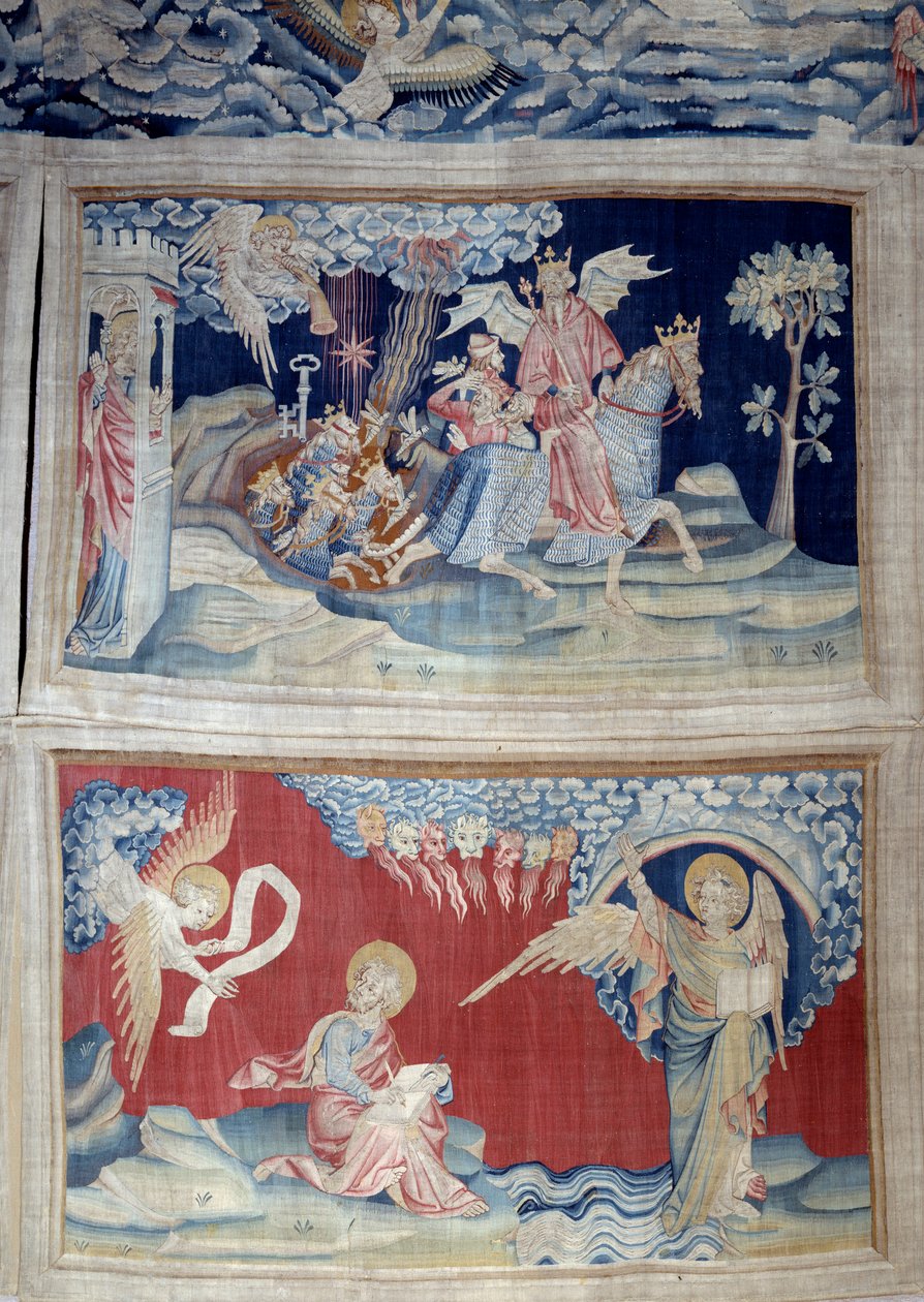 Henging av åpenbaring (1373-1383), n. 24: den femte trompet: en nøkkel slipper gresshoppene. Nedenfor, n. 27, viser engelen i boken seg for Johannes som transkriberer det guddommelige budskapet til lyden av de syv tonere. Tapetet av Nicolas Bataille (133 av Nicolas Bataille