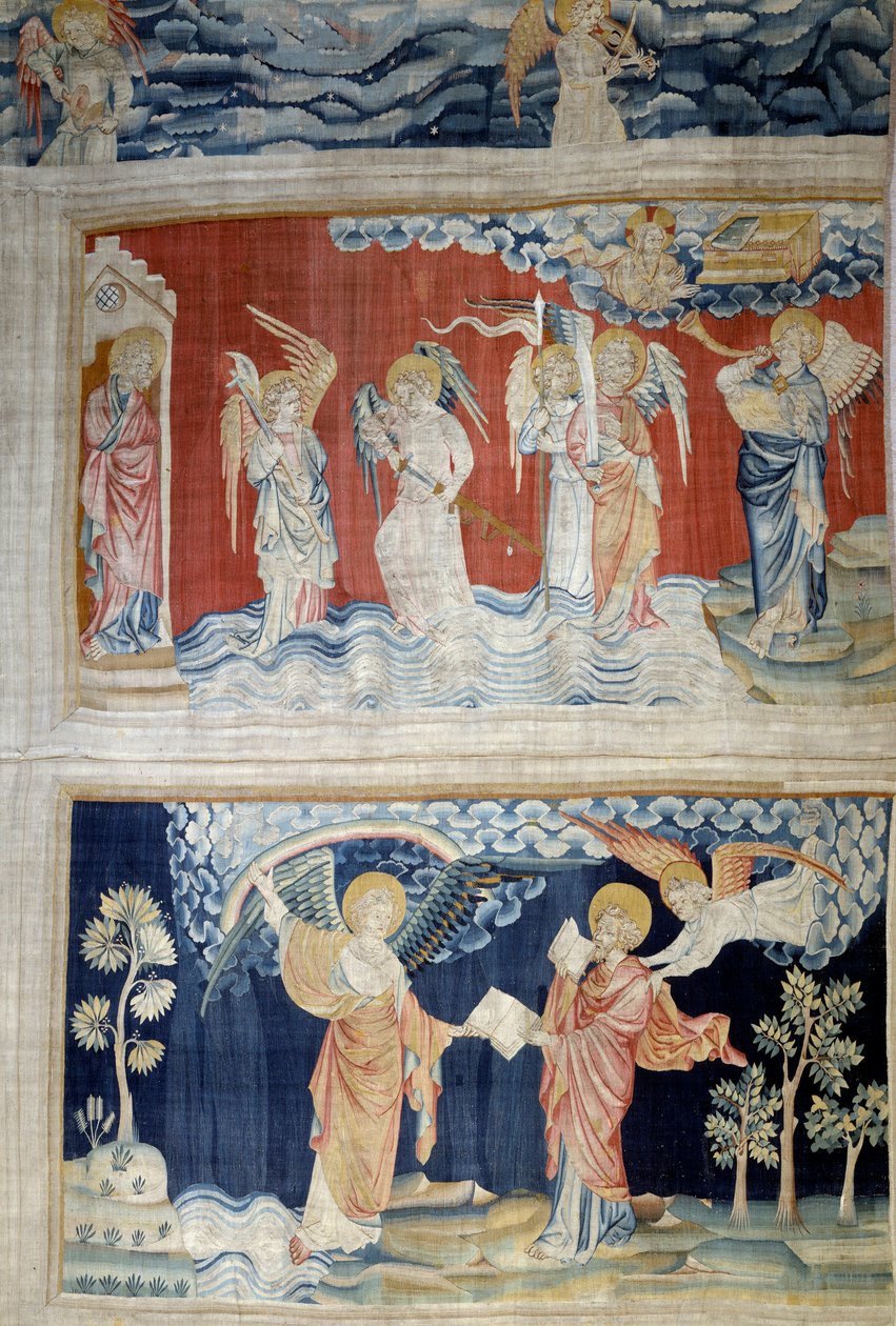 Henging av åpenbaring (1373-1383), n. 25: den sjette basunen, Eufrats engler. Nedenfor, n. 28, overlater engelen boken til Saint John som fortærer den. Tapestry av Nicolas Bataille (1330-1405) av Nicolas Bataille