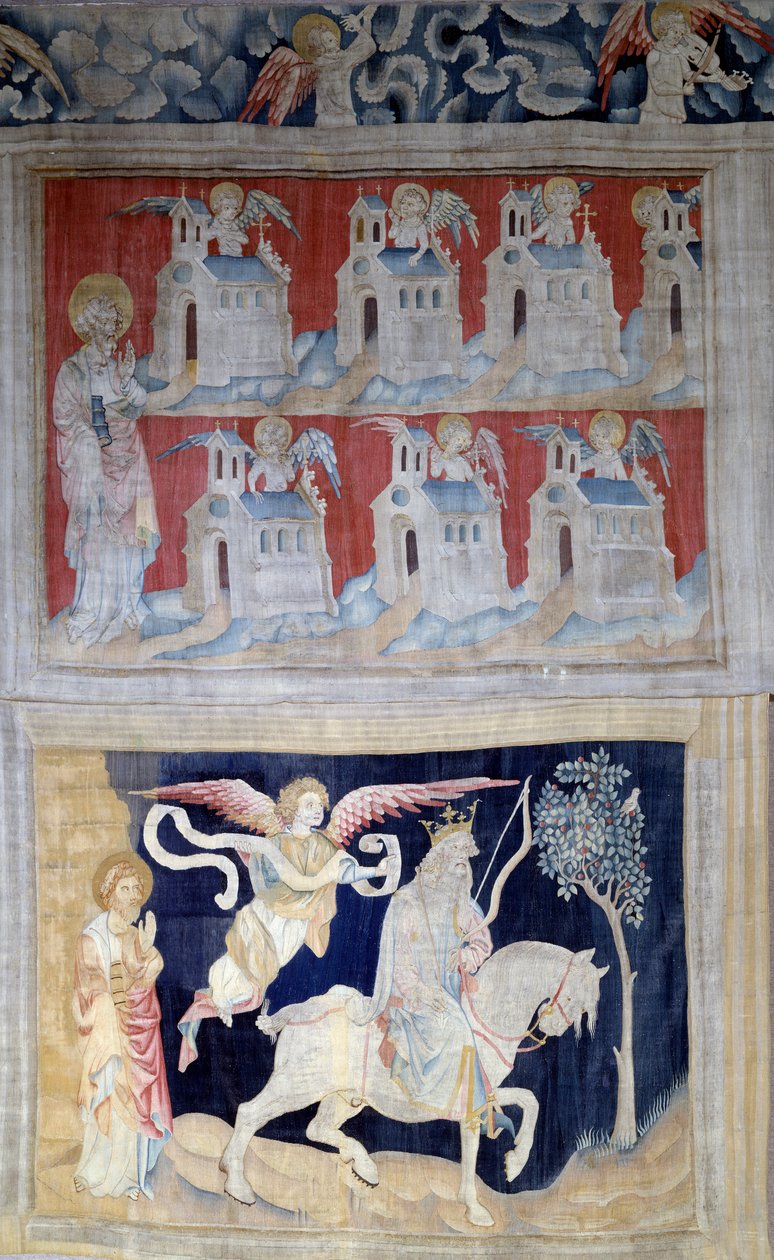 Henging av åpenbaring (1373-1383), n. 28: Saint John a Patmos og de syv kirkene i Asia og nedenfor. Første segl: Vinneren med den hvite hesten. Tapetet av Nicolas Bataille (1330-1405) av Nicolas Bataille