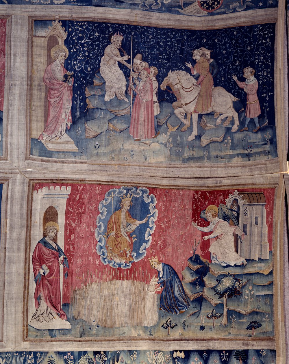 Åpenbaringens henging (1373-1383), n. 46: Bete bringer sitt nummer til alle: 666. Nedenfor, n. 53, innhøstingen av de valgte. Tapetet av Nicolas Bataille (1330-1405) av Nicolas Bataille