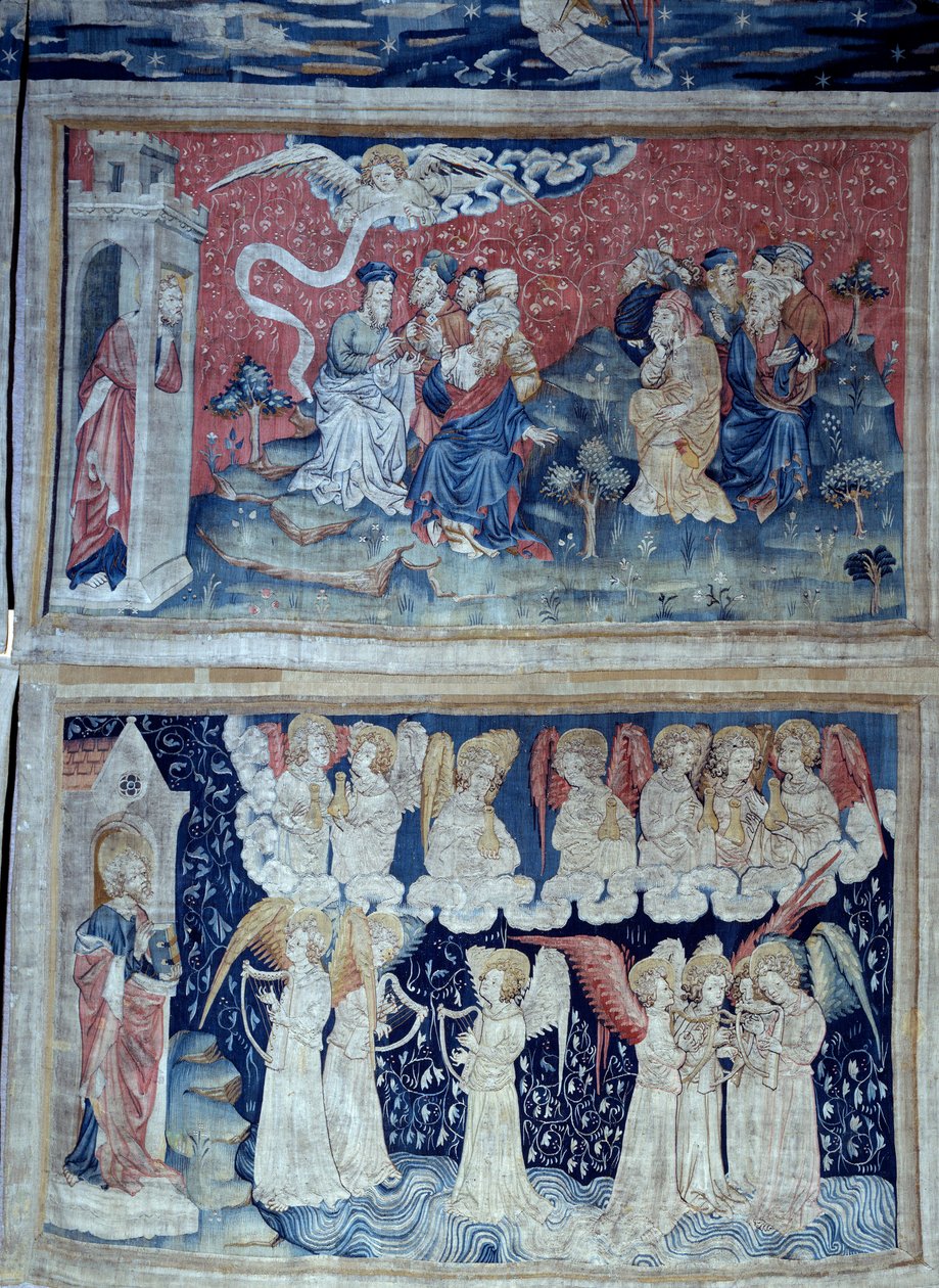 Henging av åpenbaring (1373-1383), n. 49: den første engelen kunngjør seier. Nedenfor, n. 56, de syv englene bærer de syv flaskene med Guds vrede. Tapestry av Nicolas Bataille (1330-1405) av Nicolas Bataille