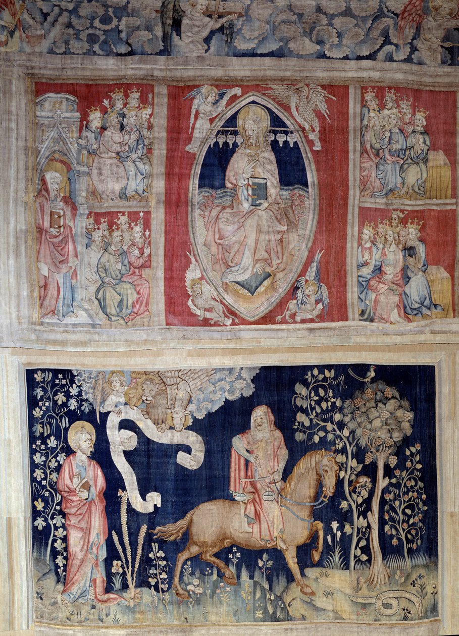 Henging av åpenbaring (1373-1383), n. 4: representasjon av Kristus i majestet (Jesus Kristus i herlighet er representert inne i en mandorla) eller tetramorf. N. 9: den røde hest og krig. Tapestry av Nicolas Bataille (1330-1405) av Nicolas Bataille