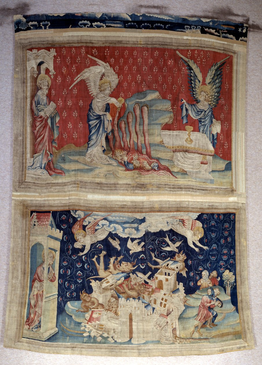 Henging av åpenbaring (1373-1383), n. 59: den andre og tredje flasken strømmer over havet og vannet. I underetasjen, n. 66, Babylon blir invadert av demoner. Tapetet av Nicolas Bataille (1330-1405) av Nicolas Bataille