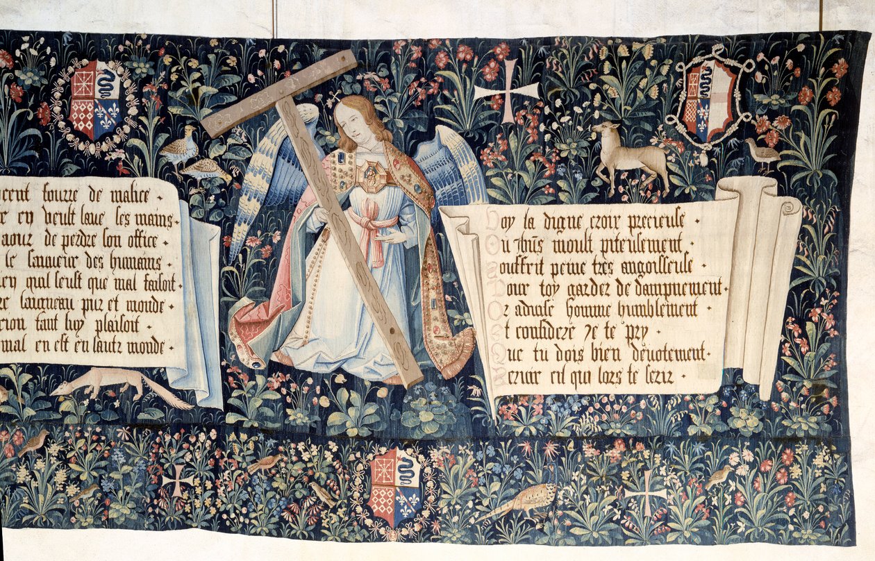 Hanging of the Revelation (1373-1383), engler som bærer lidenskapens instrumenter. Tapetet av Nicolas Bataille (1330-1405) av Nicolas Bataille