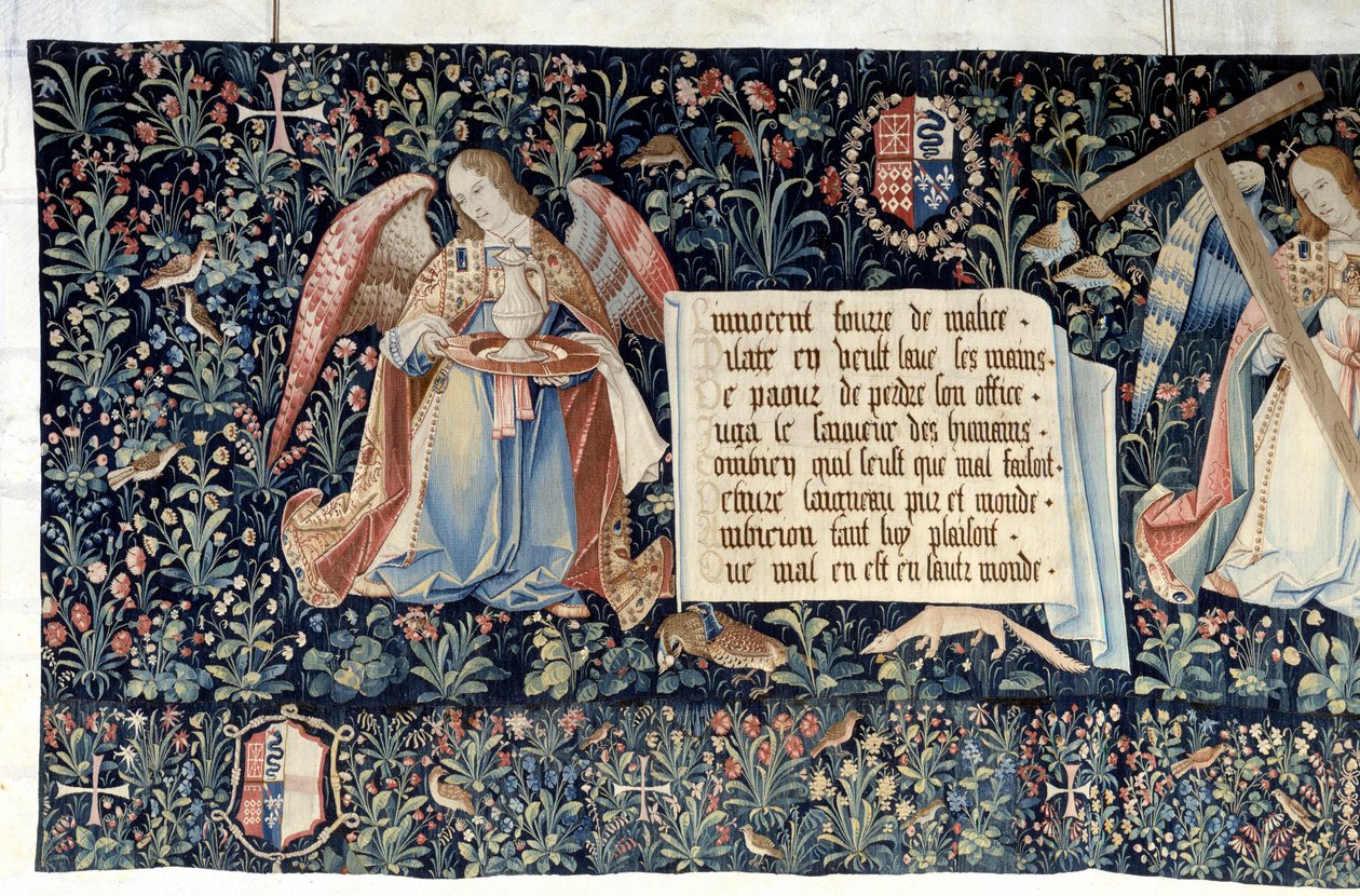 Hanging of the Revelation (1373-1383), engler som bærer lidenskapens instrumenter. Tapetet av Nicolas Bataille (1330-1405) av Nicolas Bataille