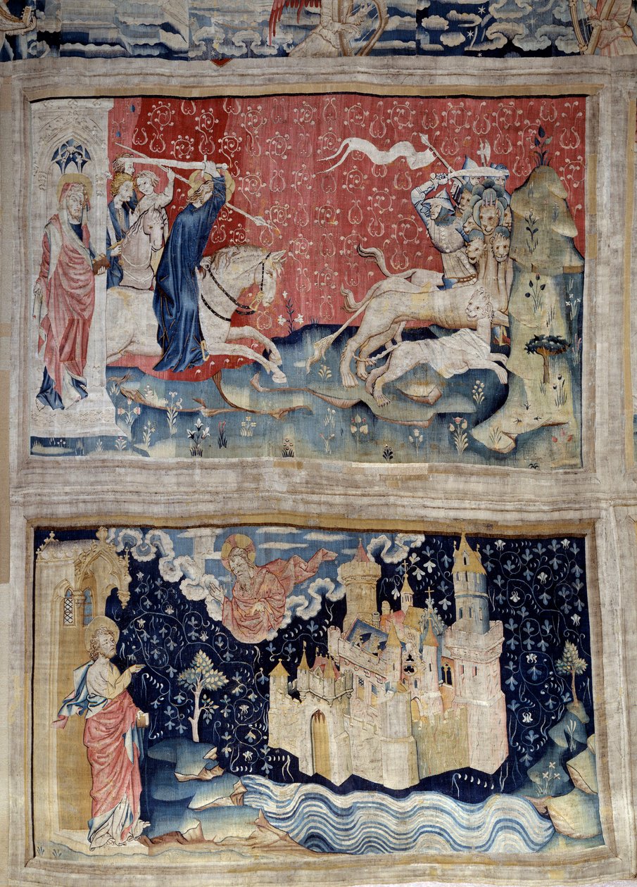 Henging av åpenbaringen (1373-1383), n. 69: Gudsverbet laster betene. N. 73: Den hellige by eller det nye Jerusalem. Tapetet av Nicolas Bataille (1330-1405) av Nicolas Bataille