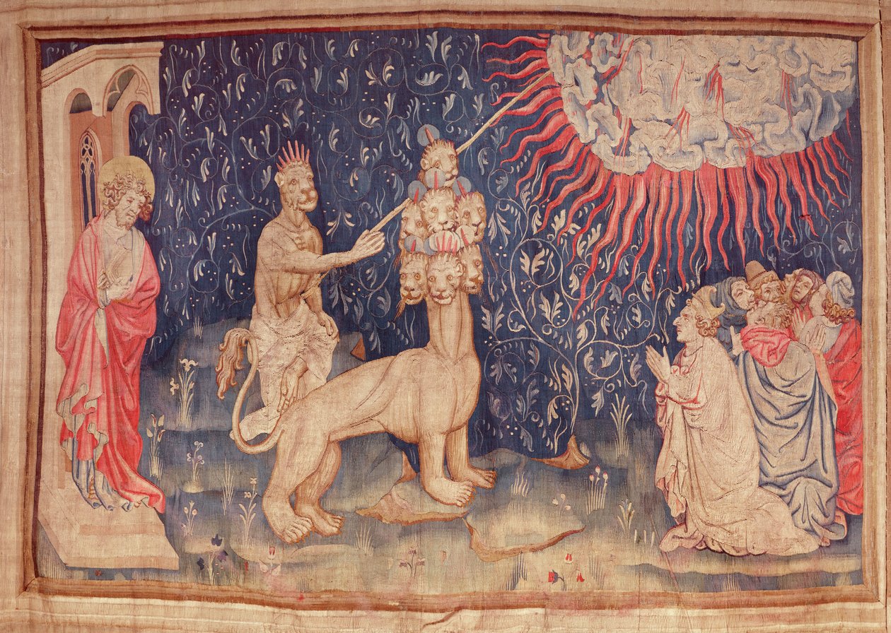 The Beast of the Earth får ild til å falle fra himmelen, fra Apocalypse Tapestry of Angers, 1373-87 (teppe) av Nicolas Bataille