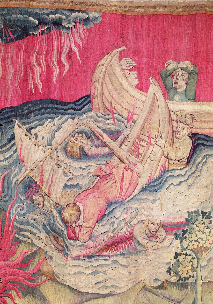The Second Trumpet and the Shipwreck, detalj av de synkende skipene, nummer 21 fra The Apocalypse of Angers, 1373-87 billedvev av Nicolas Bataille