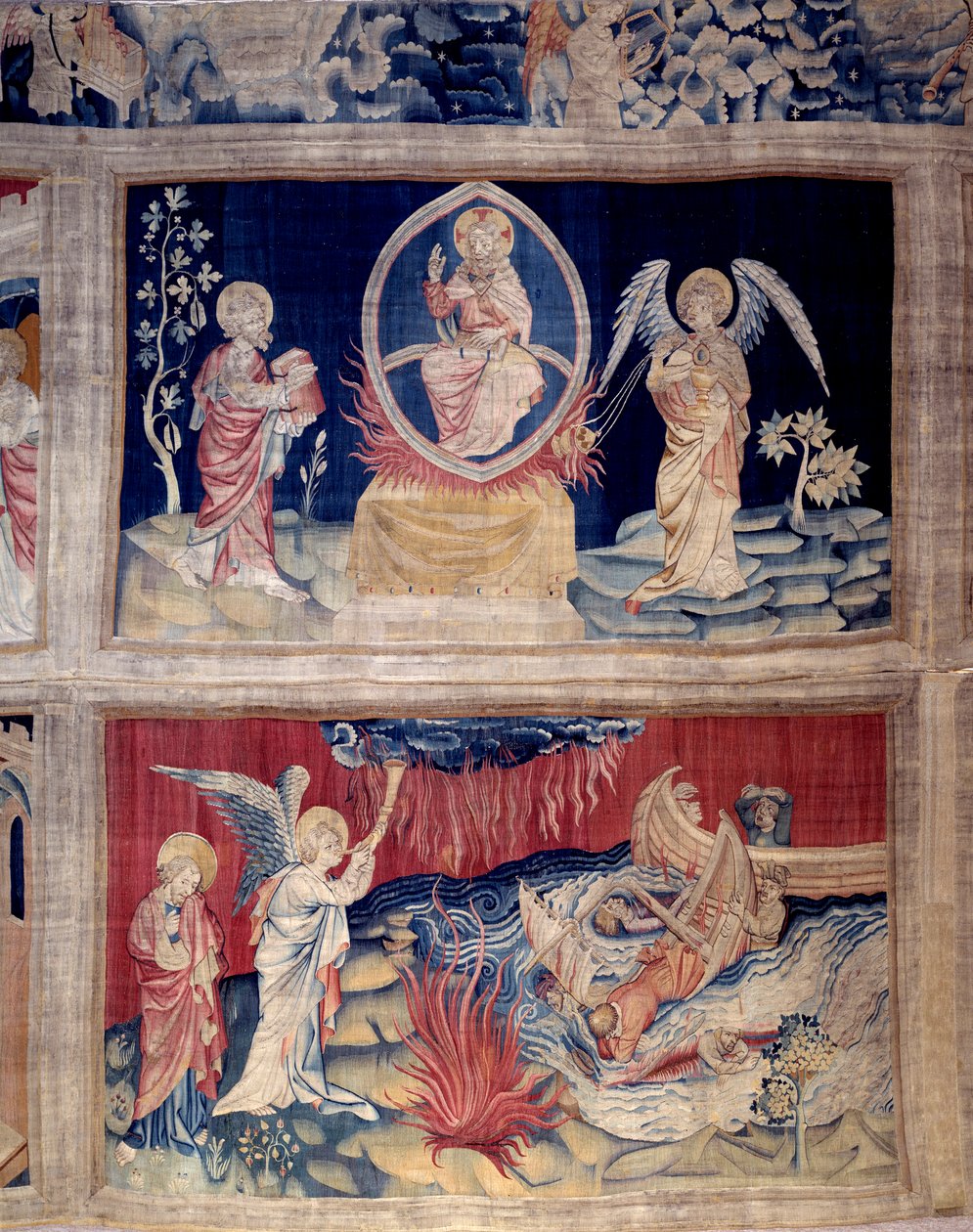 Åpenbaringens gardin (1373 -1383), nr. 15 og 18: Gud og St. Johannes gråter når de ser katastrofen. Tapestry av Nicolas Bataille (1330-1405) av Nicolas Bataille