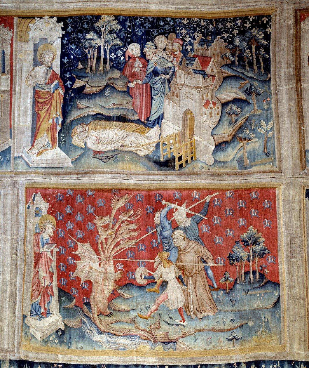 Apokalypsens gardin: likene ligger på bakken, dragen kjemper mot Guds tjenere inkarnert av en munk og laics. 1373-1383. laget av Nicolas Bataille (1330-1405) Angers, teppemuseet av Nicolas Bataille