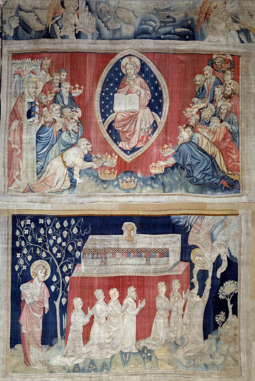 Åpenbaringens gardin (1373-1383), n. 5: de eldre legger seg ned foran Kristus i majestet (Jesus Kristus i herlighet er representert inne i en mandorla). N. 11: martyrenes sjeler. Tapestry av Nicolas Bataille (1330-1405) av Nicolas Bataille