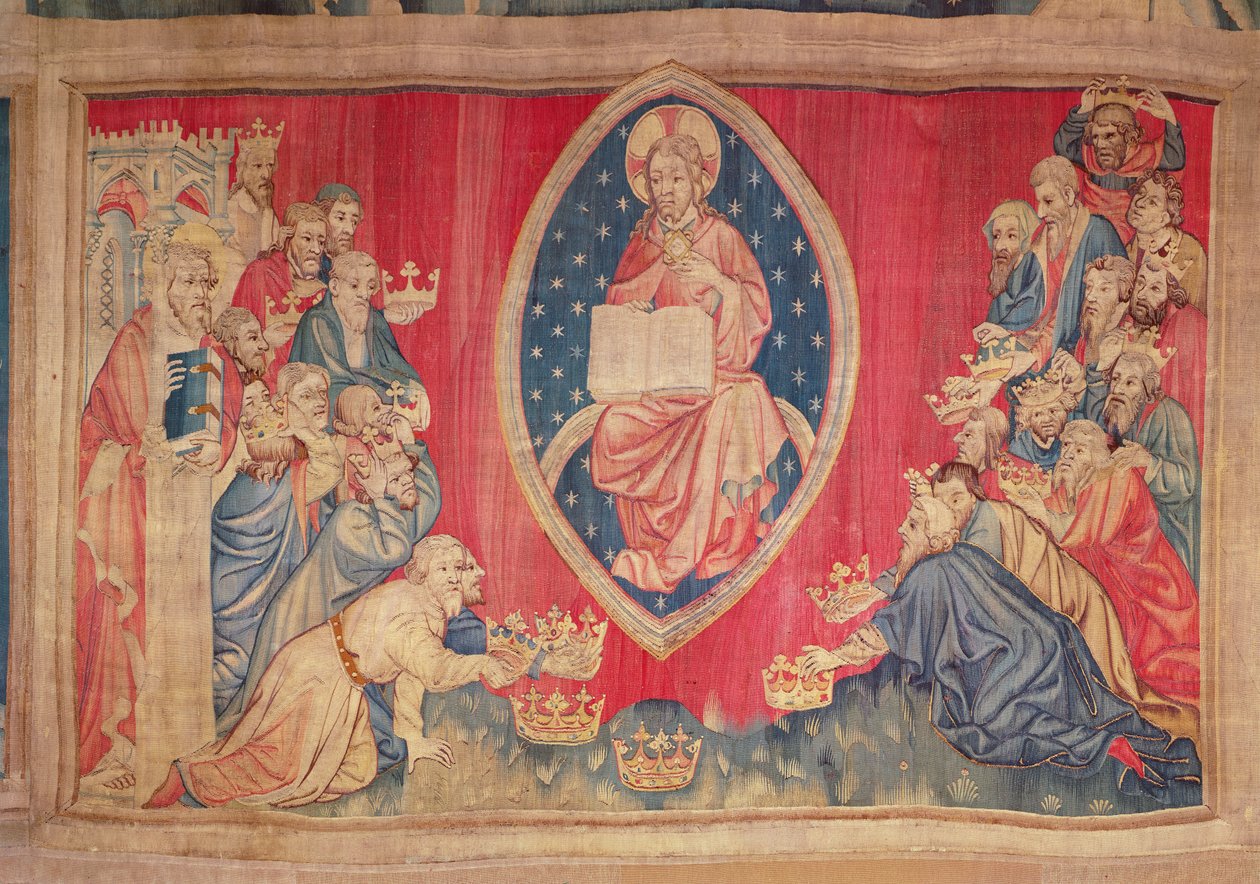 De tjuefire eldste kaster seg ned for Gud, fra Apocalypse Tapestry of Angers, 1373-87 (teppe) av Nicolas Bataille