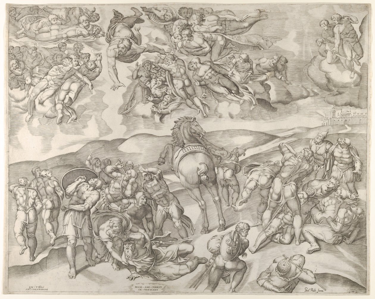 Konvertering av Saul, fra Michelangelos freskomaleri i det paulinske kapellet i Vatikanet..., ca. 1545-60. av Nicolas Beatrizet