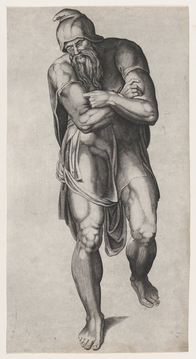Joseph av Arimathea, etter Michelangelos korsfestelsesfreskomaleri i Cappella Paolina, V..., 1540-66. av Nicolas Beatrizet