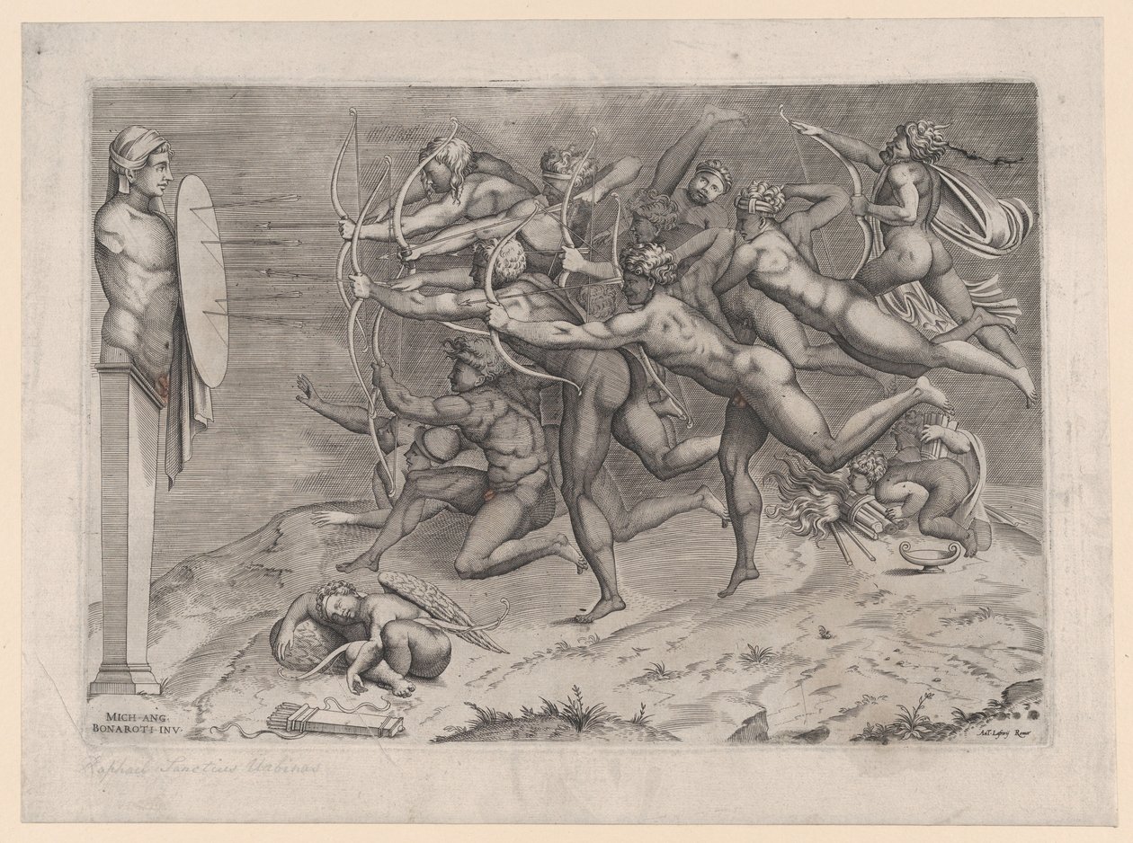 Nakne bueskyttere som skyter mot et mål festet til en herm, Amor sover under, mulig..., ca. 1540-60. av Nicolas Beatrizet