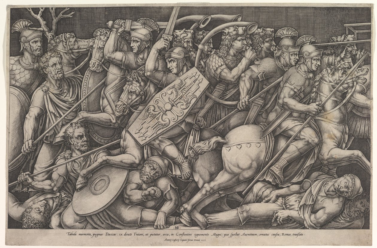 Romerske soldater som kjemper mot daciere, kampscene på grunt dyp med hester og hor..., 1553. av Nicolas Beatrizet