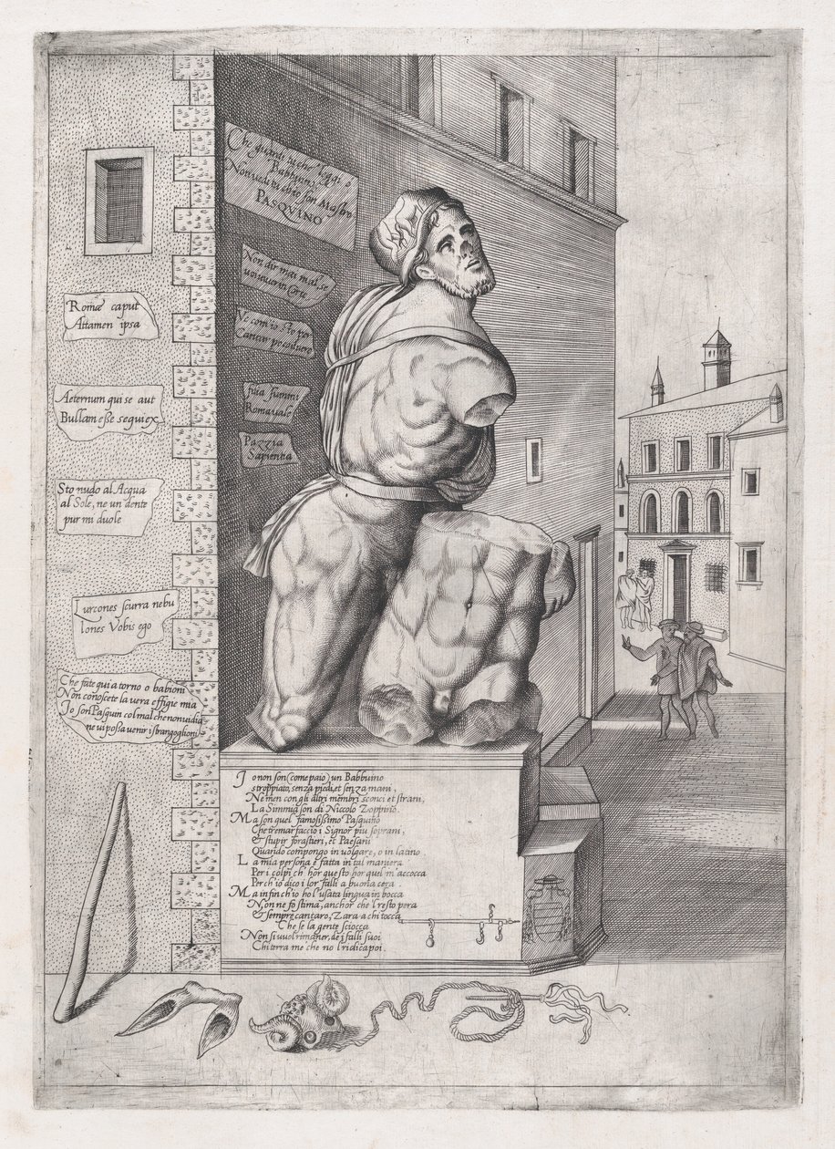 Mirror of Roman Magnificence: Statue av Pasquin i huset til kardinal Ursino..., 1500-tallet. av Nicolas Beatrizet