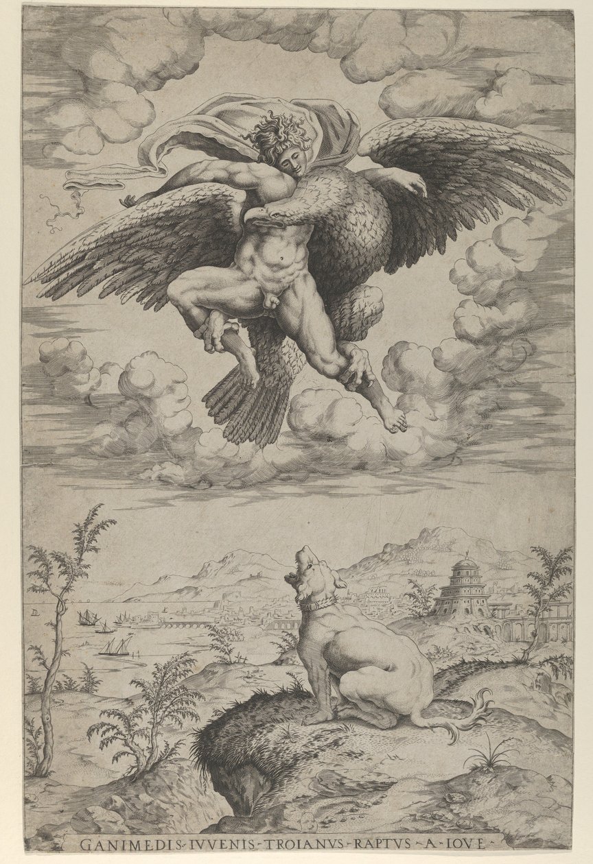 Voldtekten av Ganymedes av Jupiter i skikkelse av en ørn som bærer ham inn i himmelen, hei..., 1542. av Nicolas Beatrizet