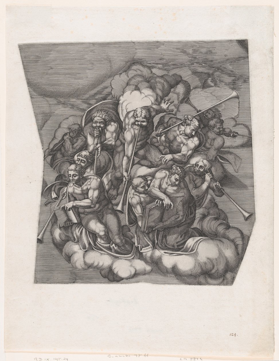 Trompeterende engler fra The Last Judgment, etter Michelangelo, 1530-66., 1530-66. av Nicolas Beatrizet