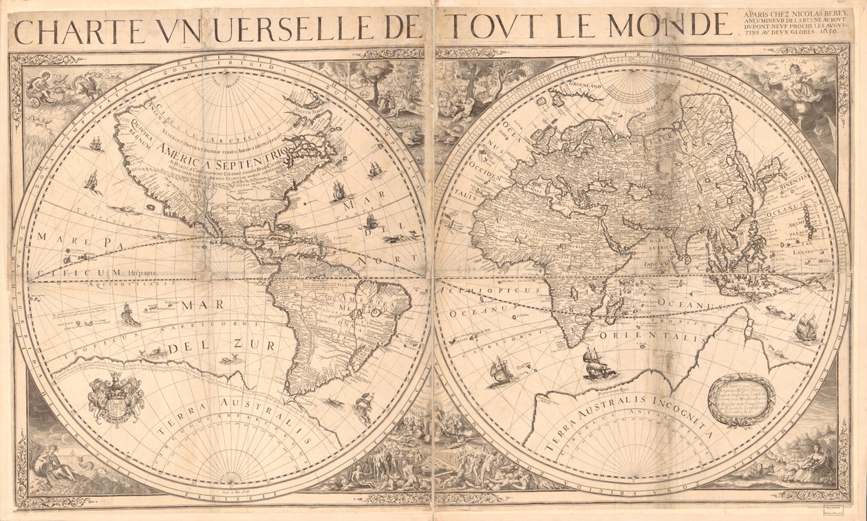 Relieff vist billedmessig. Inkluderer notater. Illustrasjoner inkluderer bilder av Edens hage og den siste dommen og fire allegoriske figurer i hjørnene av arket. Settes sammen av 4 ark. LC-kopi i to ark, montert sammen på klede. Brett lin av Nicolas Berey