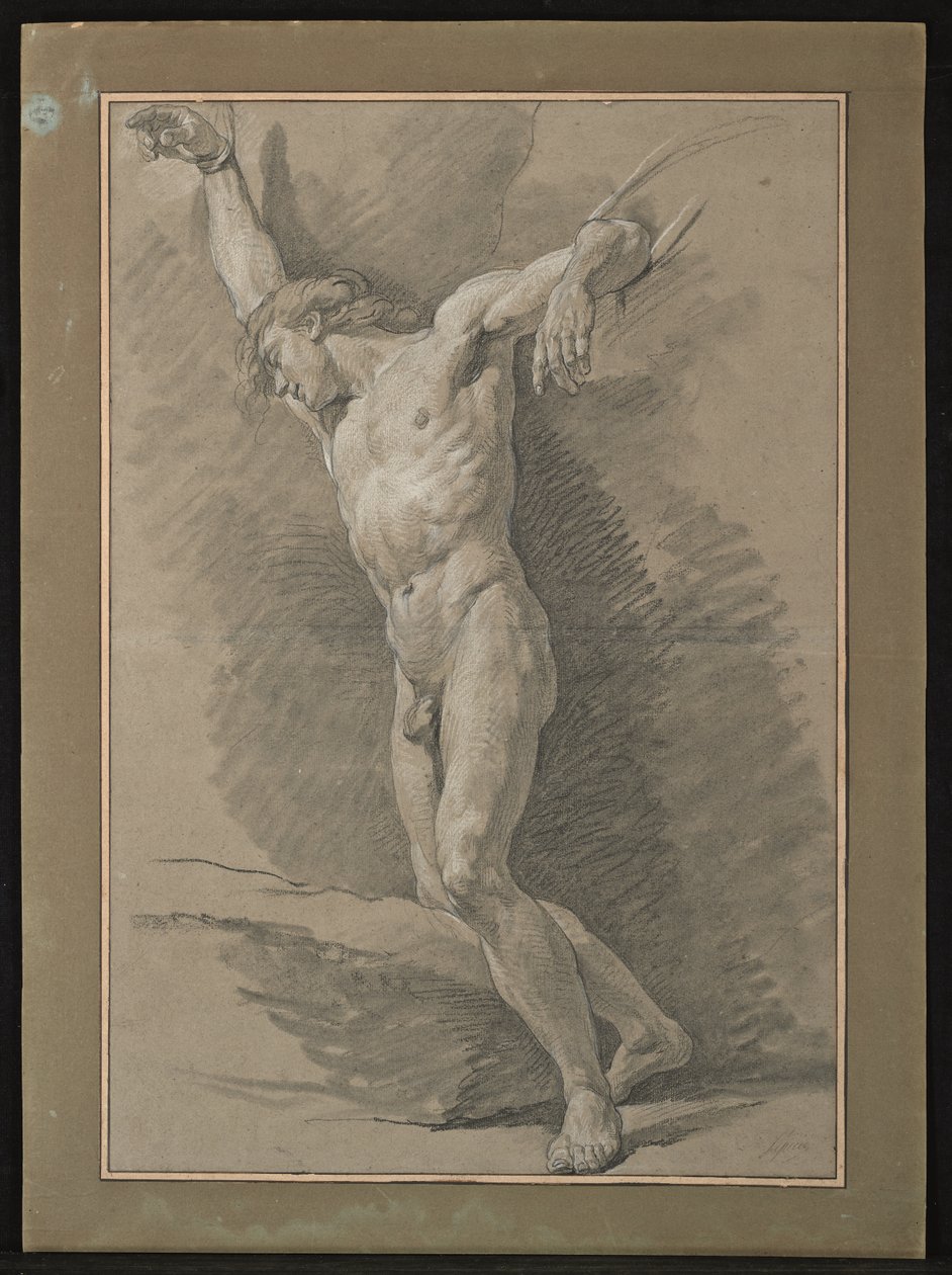 Academy of naken man, armer bundet av tau (svart og hvitt kritt på grått papir) av Nicolas Bernard Lepicie