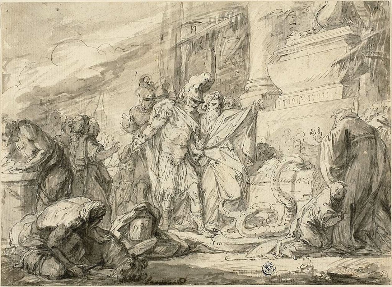 Aeneas ved Anchises grav (til høyre); Aeneas ved Tome of Anchises (vers) av Nicolas Bernard Lepicie