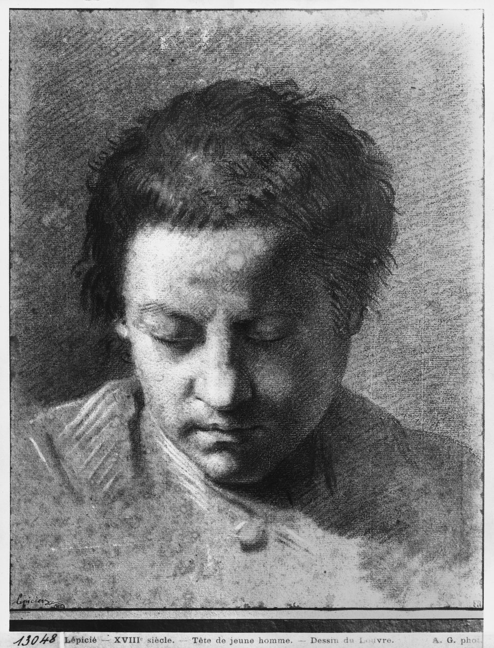 Hodet til en ung mann som ser ned (pierre noire og hvite høydepunkter på grått papir) av Nicolas Bernard Lepicie