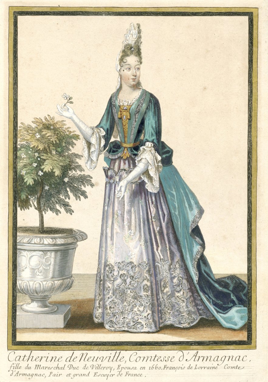 Franske trykk som forplanter fransk mote: Portrett av Catherine de Neuville, grevinne av Armagnac Catherine de Neuville, grevinne av Armagnac, kledd etter fransk mote ca. 1685 av Nicolas Bonnart (fils)