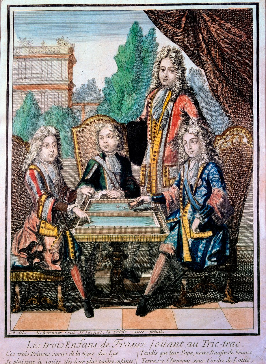 Barnebarna til Ludvig XIV (1638-1715), Ludvig hertug av Burgund (d. 1712), Philippe, hertug av Anjou (1683-1746), og Charles, hertug av Berry med deres far, Ludvig (d. 1711), delfin fra Frankrike, spiller tric trac (Trictrac eller Trictrac: stamfar til bac av Nicolas Bonnart